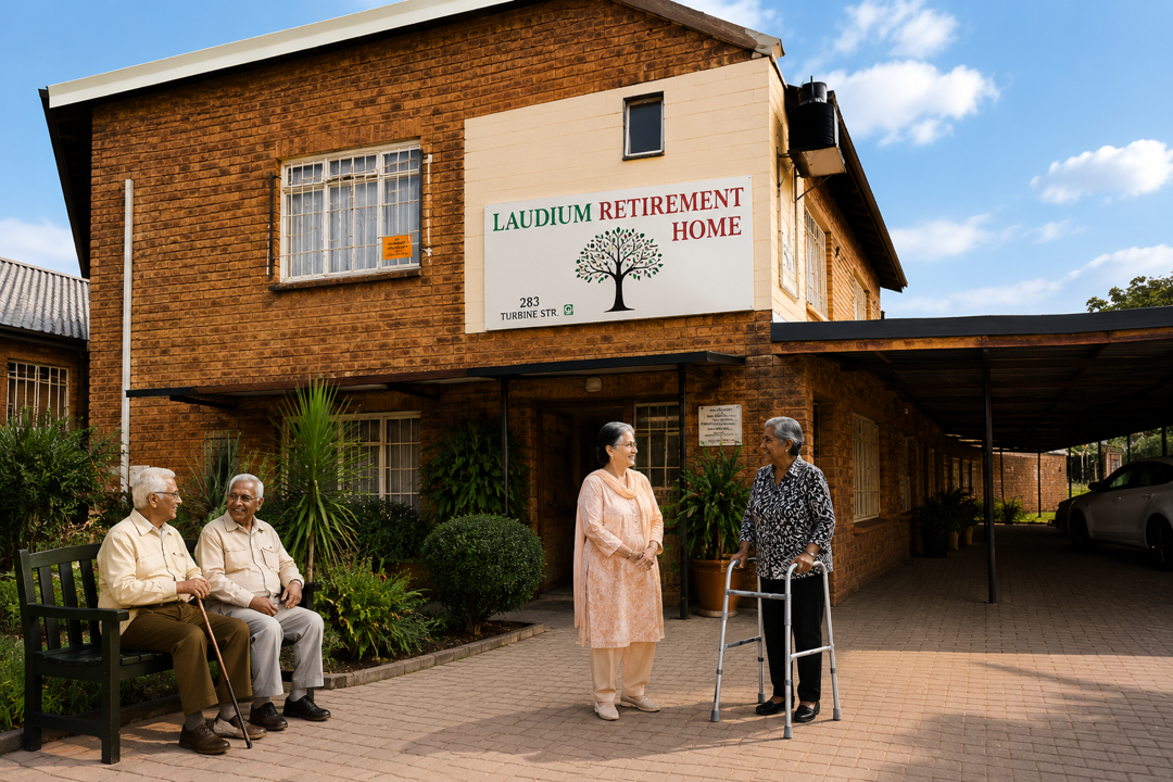 Laudium from outside with couples chatting Laudium from outside with couples chatting